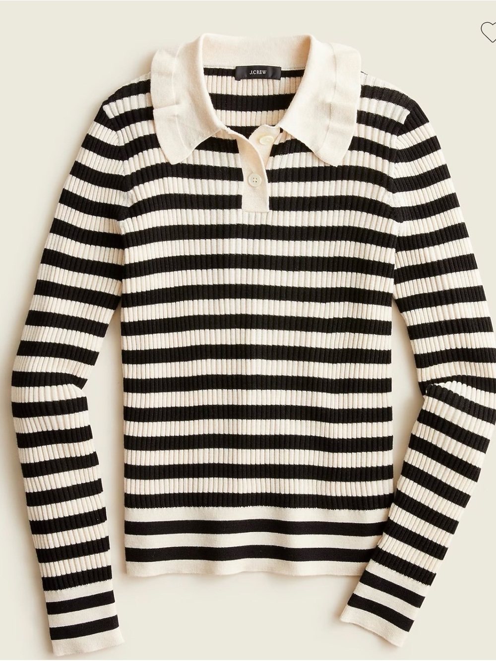 J. Crew Black and Cream Striped Merino Wool Polo Rib Sweater